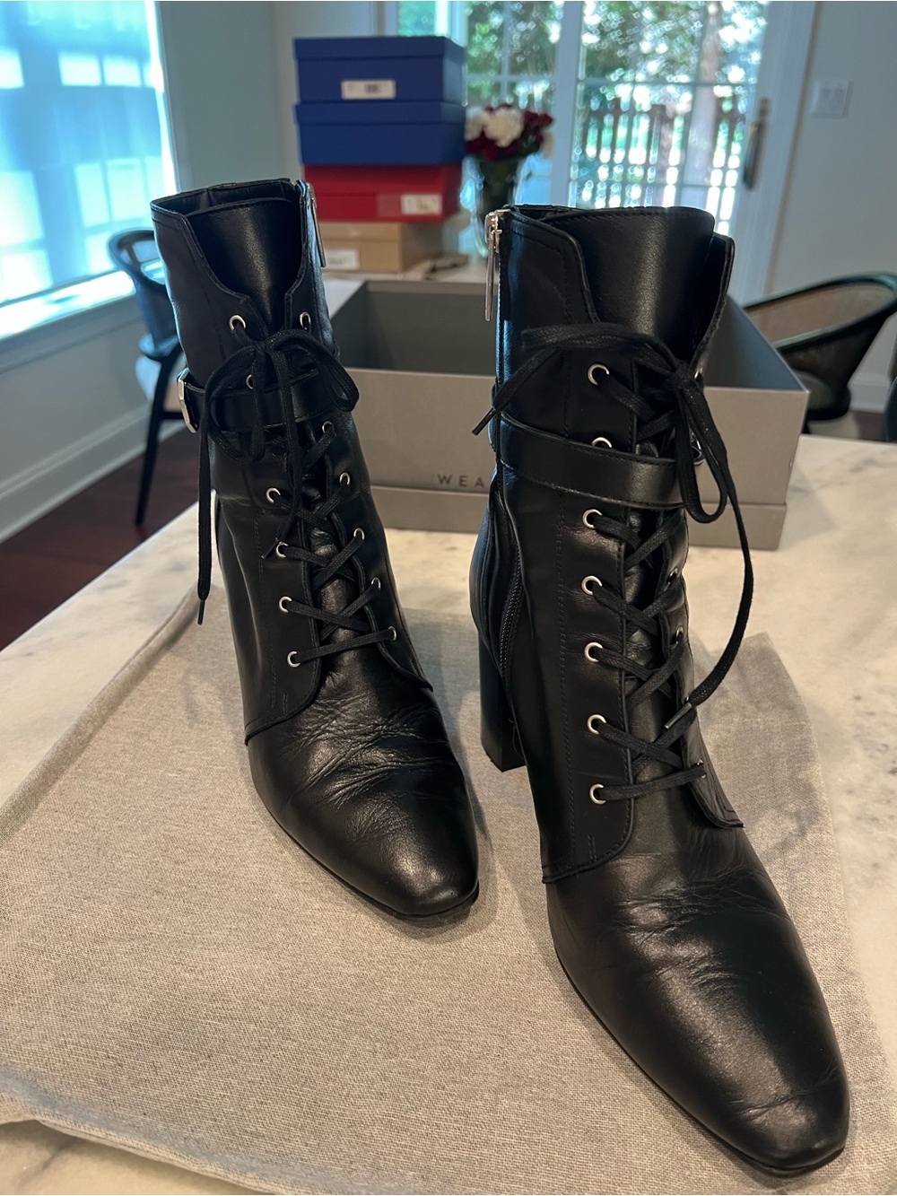 Aquatalia Black Lace-Up Leather Ankle Boots with Side Zip